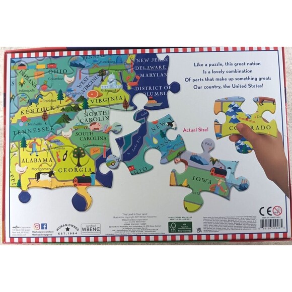 This Land Is Your Land 100 Piece United States US Map Puzzle 18" x 27" by Eeboo - Picture 3 of 5